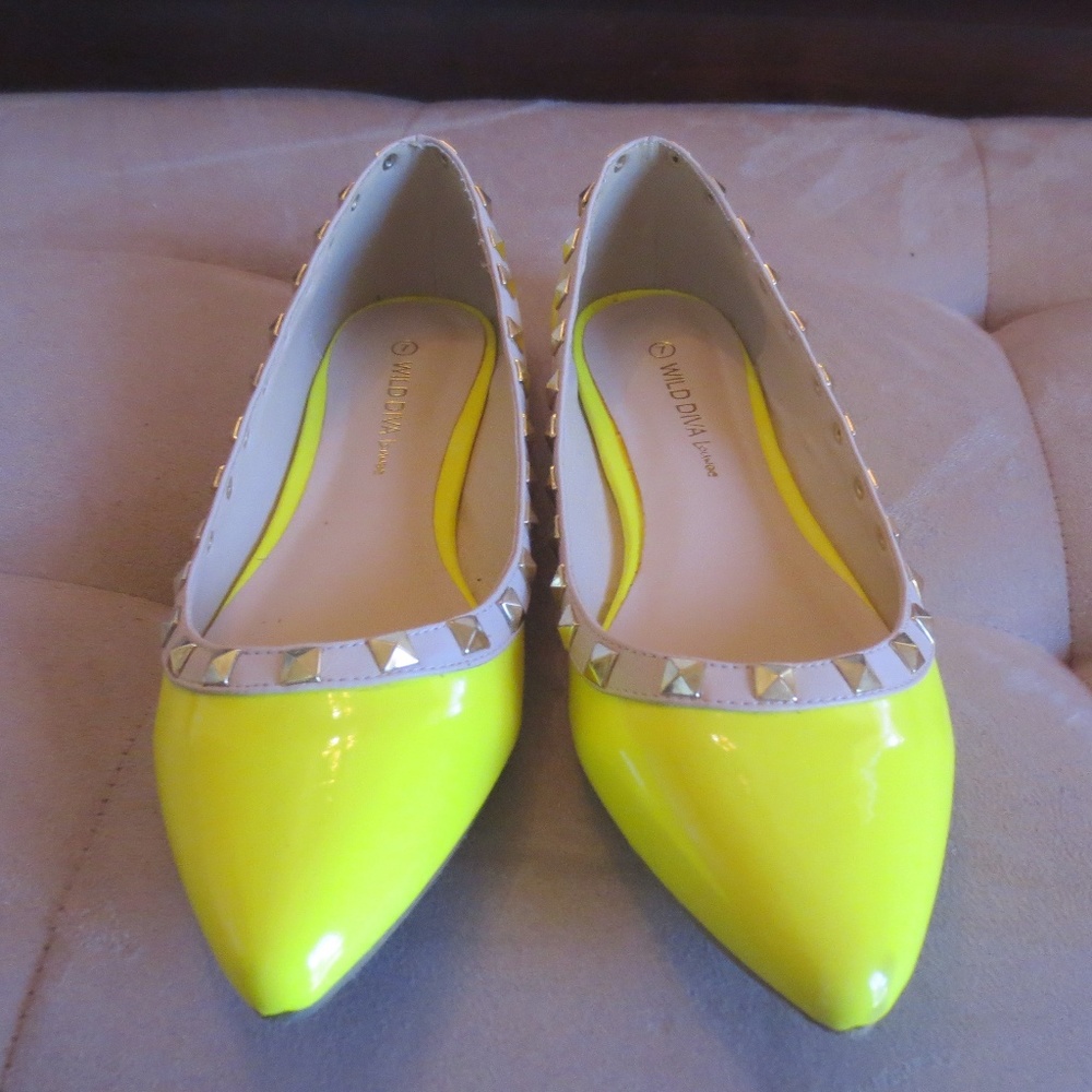Wild Diva Lounge Neon Yellow Studded Flats